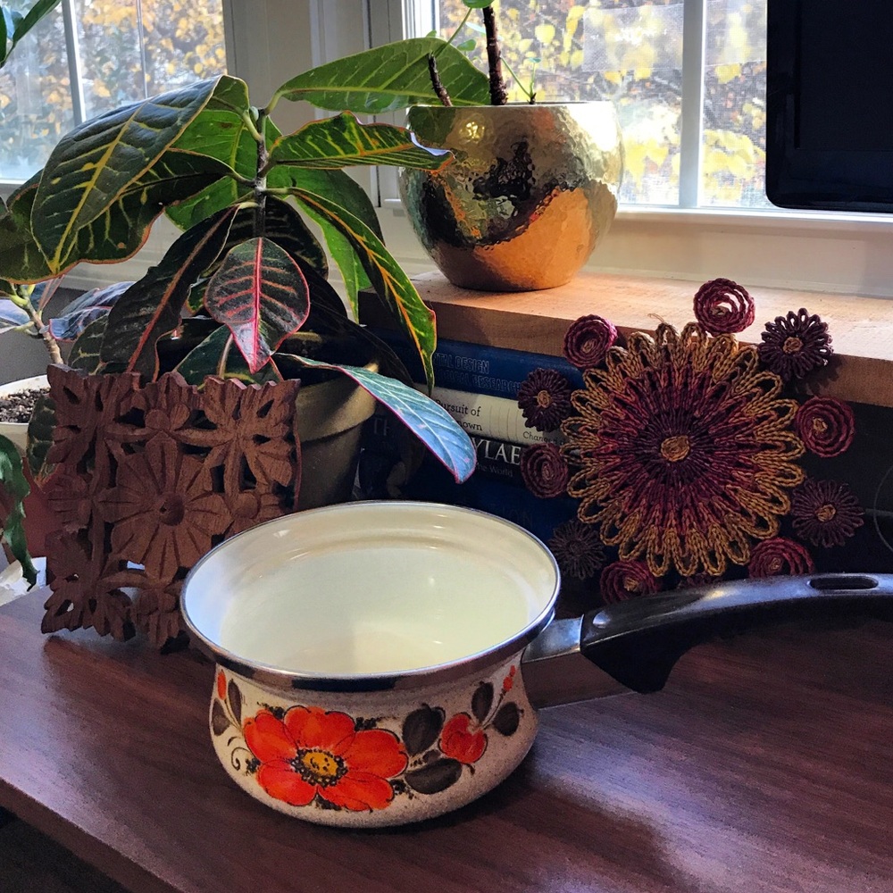 1970s Sanko Enamel Saucepan with Orange Flowers